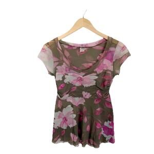 Vintage Y2K Sweet Pea Stacy Frati Mesh Babydoll Top Floral Stretch Whimsy Small